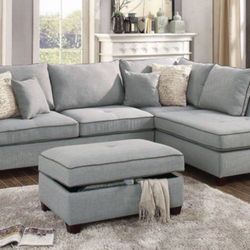 NEW LIGHT GRAY SECTIONAL SOFA W/ STORAGE OTTOMAN 