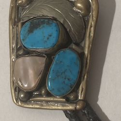 Vintage Bolo Tie Silver And Turquoise And Mother Of Pearl