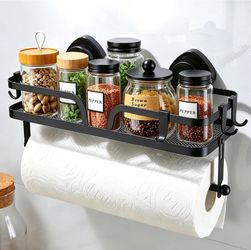 Black Wall-Mounted Spice Rack with Paper Towel Holder