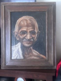 Be the change you want to see in the world; Vintage 1950s Unsigned Gandhi Oil Painting in Wood Frame: