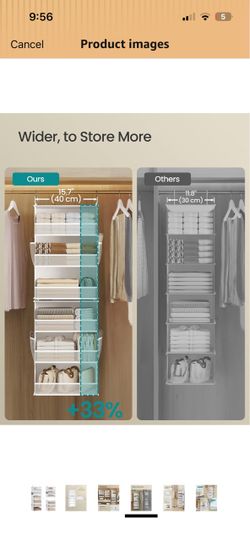 Widended Hanging Closet Organizer and Storage, 6-Tier, Separable Foldable,Fabric Storage Shelf with 4 Side Pockets, Metal Hooks and Bamboo Inserts, Cl