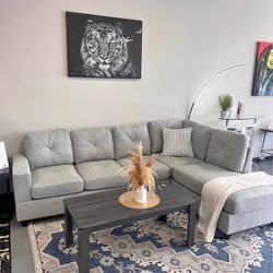 L Shape Fabric Grey Section Couch, Ottoman