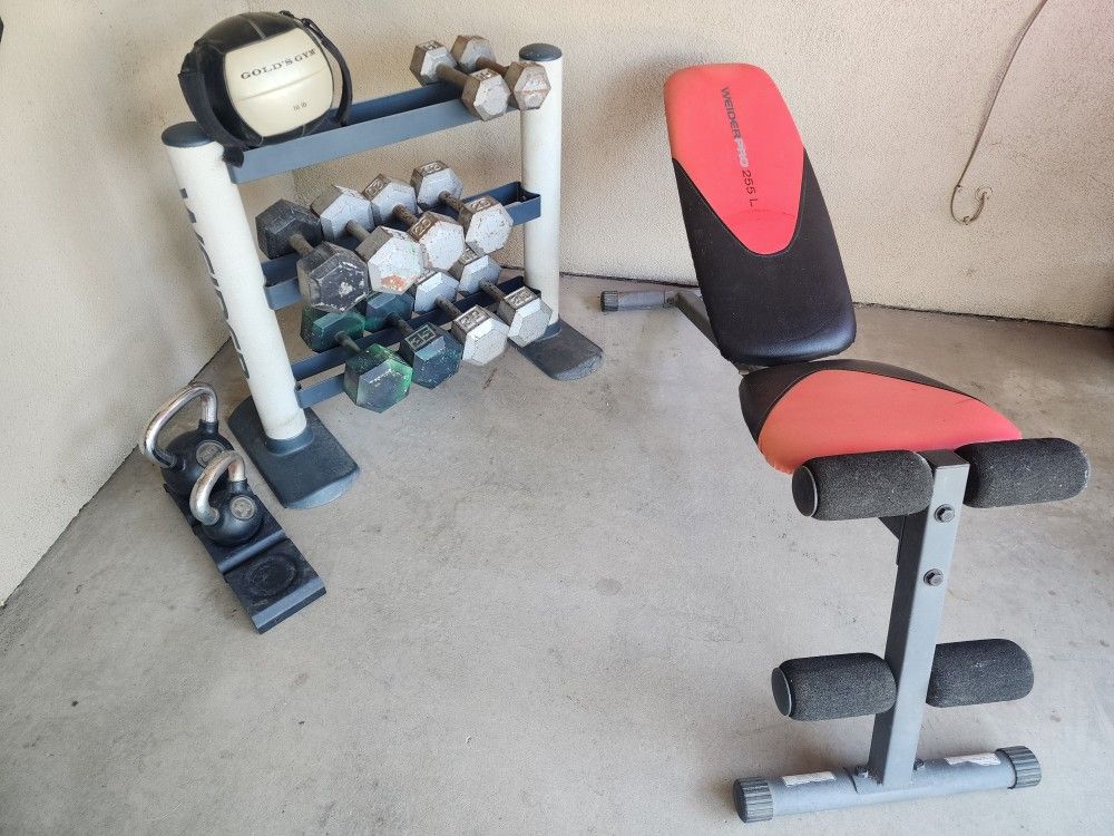 Bench, Rack, and Dumbbell Combo Set w/ accessories