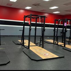 Rogers Athletic power pull up racks with wood & rubber floors