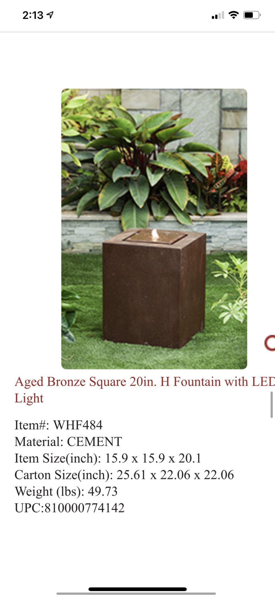 20 in. Aged Bronze Square Fountain with LED Light