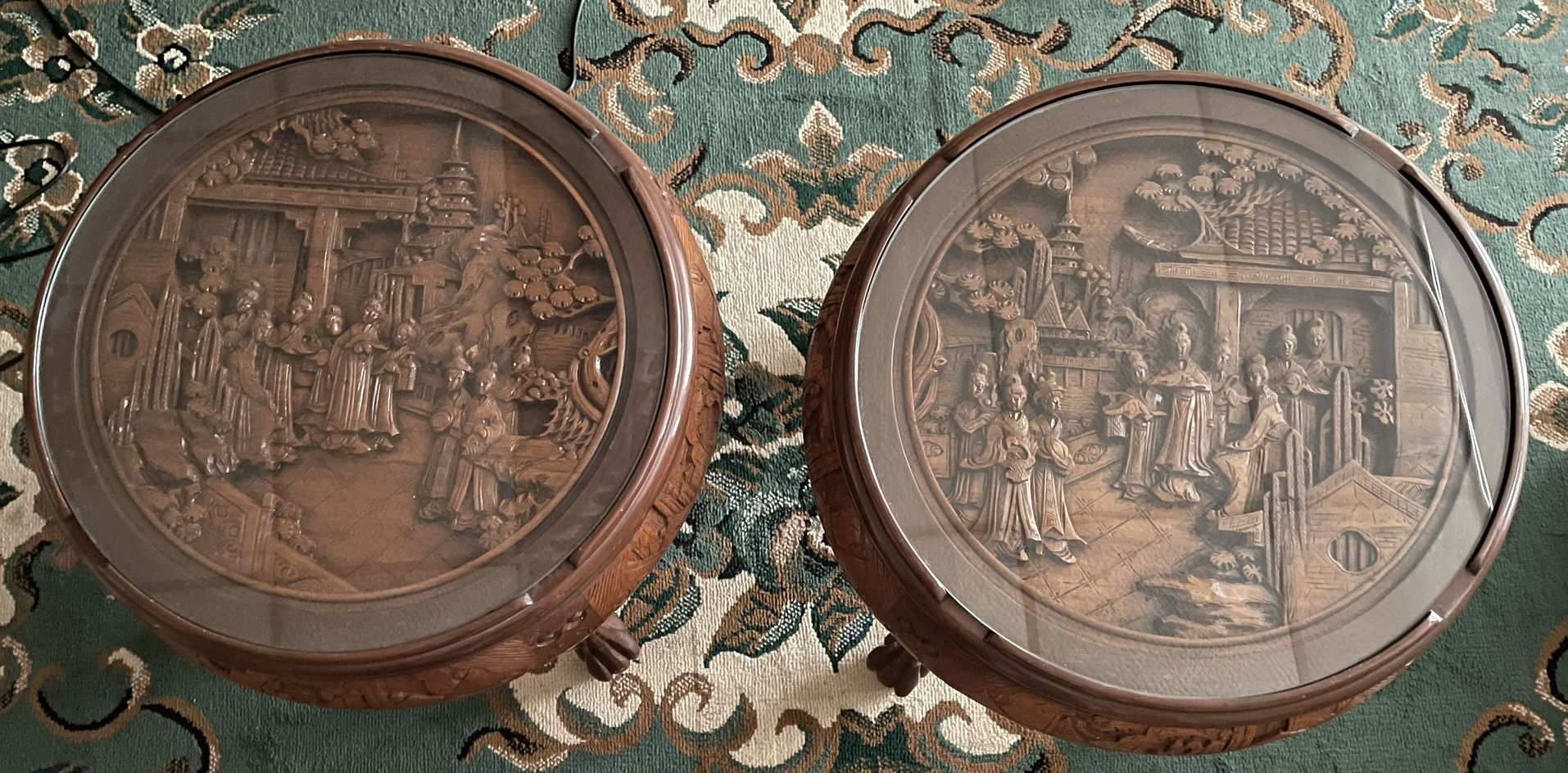 Chinese Chinoiserie Hand Carved Circular End Tables
