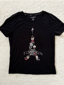 KARL LAGERFELD Women's Paris Eiffel Tower Elegant T-Shirt Black Size Small -Cotton/Spandex: 95/5  -Condition and measurements are as seen in photos  -