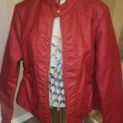 Red Faux Leather Jacket P M