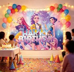 K-Pop Style Anime Girl Group Birthday Party Backdrop, Cartoon Photography Background, Happy Birthday Wall Decoration Banner, Party Decor