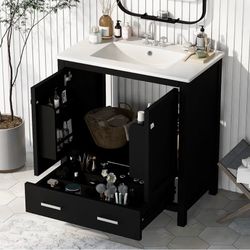 30" Black Bathroom Vanity with Single Sink, Combo Cabinet Undermount Sink, Bathroom Storage Cabinet with 2 Doors and a Drawer, Soft Closing, Multifunc