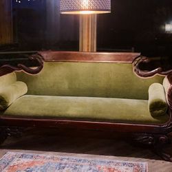 19th Century Empire Sofa with Carved Eagle Heads and Hair Paw Feet - Antique