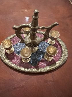 Vintage Brass Ewer And Goblet Set Miniature 