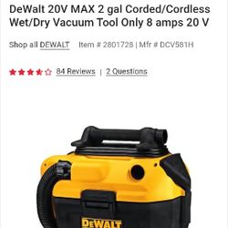 DeWalt Cordless And 20v  Vacuum 