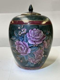 Vintage Hand Painted Floral Lidded Chinoiserie Jar Teal Pink Mid-century