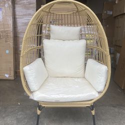 New Oversized Wicker Egg Chair Indoor Outdoor w/ Steel Frame, 440lb Capacity, Ivory