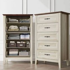 Dresser for Bedroom, 5 Drawer Dresser with Metal Handles, Wood Chest of Drawers, Tall Dresser for Living Room, Entryway, and Closet 140