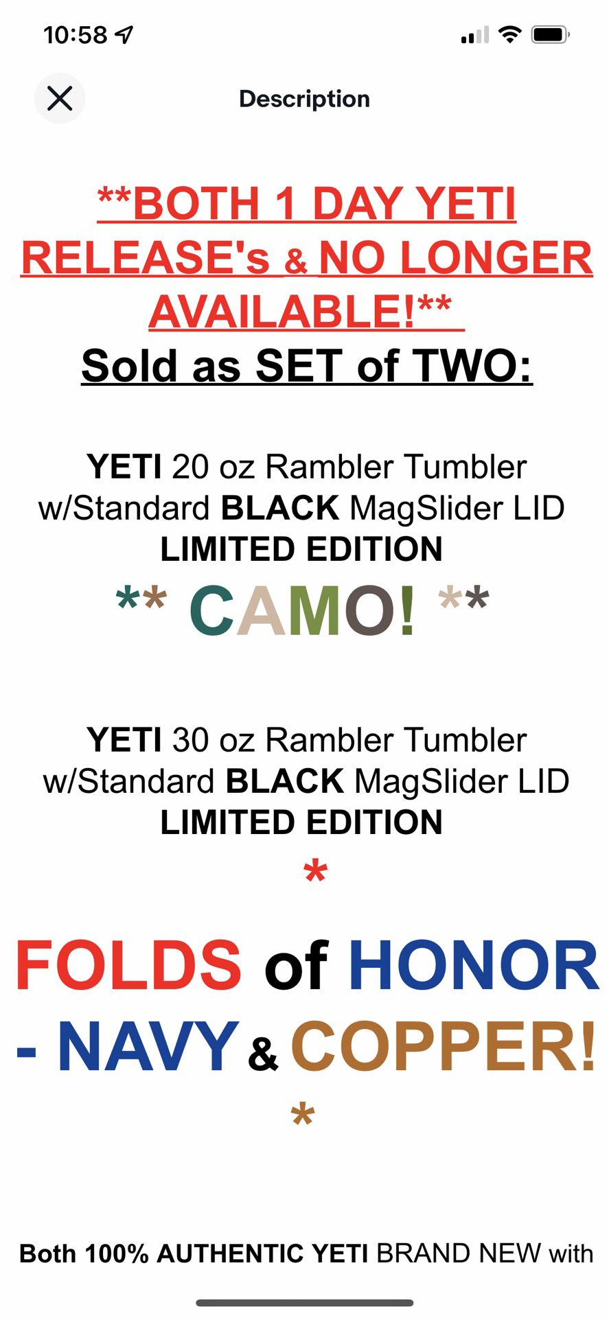YETI Veterans Day Tumbler Folds Of Honor 20oz Rambler RED 2022 ⭐️RED ⭐️