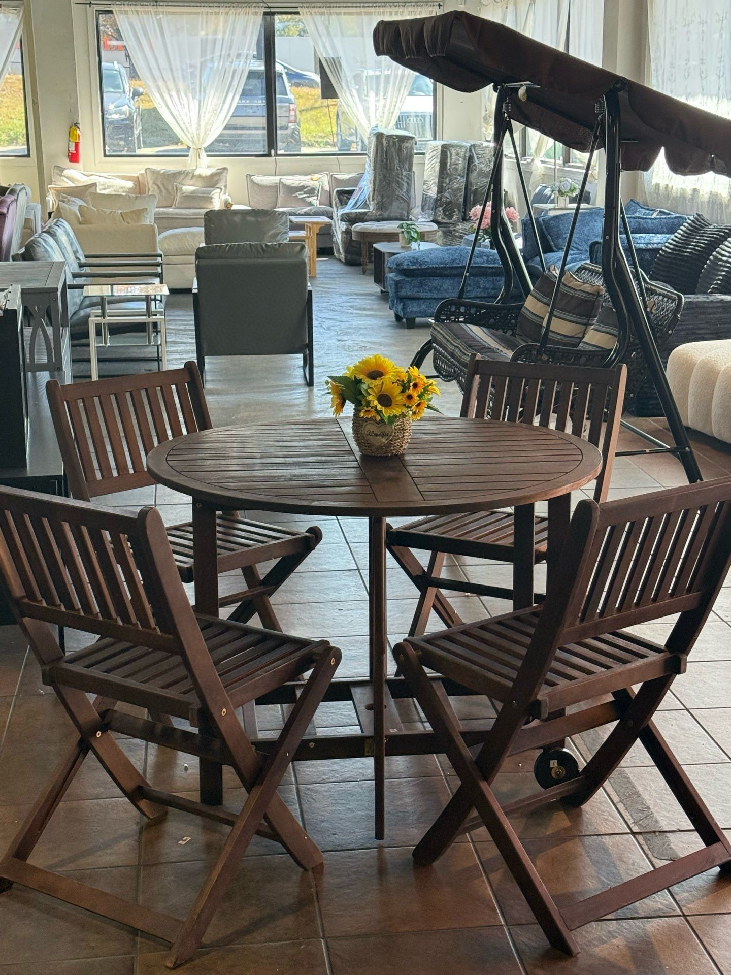 🔥Set of 5🔥Patio Dining Set Outdoor Acacia Wood Furniture All-Weather Folding Round Table and Chairs for Backyard, Balcony, Porch, Deck, Garden(Dark 