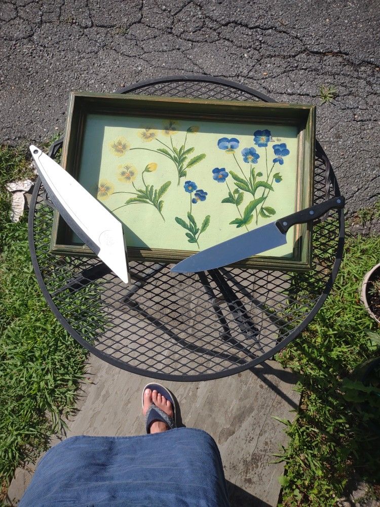 Floral Wood Tray w/ Knife & Sharpener
