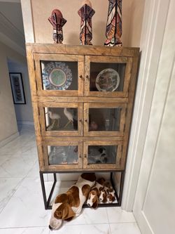 Tall Rustic Modern Glass Display Cabinet with Metal Base – 6-Door Curio Storage Cabinet in Warm Brown