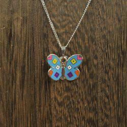 18" Sterling Silver Cute Colorful Butterfly Pendant Necklace Vintage