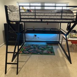 Kids Carbon Optix Black Full Gaming Loft Bed With Led Lights