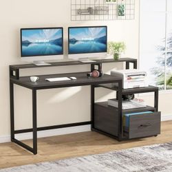 Tribesigns Computer Desk with File Drawer and Storage Shelves, 60 inch Vintage Large Home Office Desk Computer Table Study Writing Desk Workstation wi