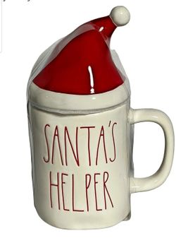 Rae Dunn  Santa's Helper White Mug W/Santa Hat Topper