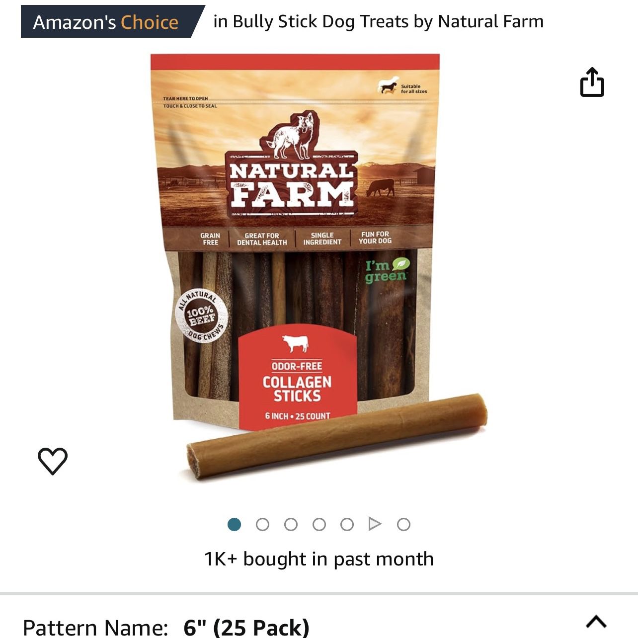 Natural Farm Collagen Sticks for Dogs (6 Inch, 25 Pack), Odor-Free Long Lasting Collagen Chews & Rawhide Alternative- 95% Collagen, Low Fat, High Prot