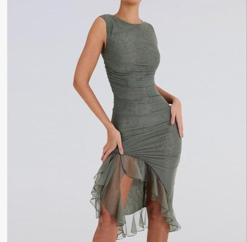 New Bodycon Dresses for Women Summer Sexy Sleeveless Midi Dress Ruched Mesh Cocktail Dress Ruffle Hem Party Tank Dress Size SMALL