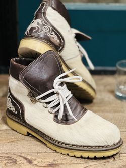 HAUS BELIR White Brown Two Tone Real Leather Embroidered Calf Hair Ankle Boots