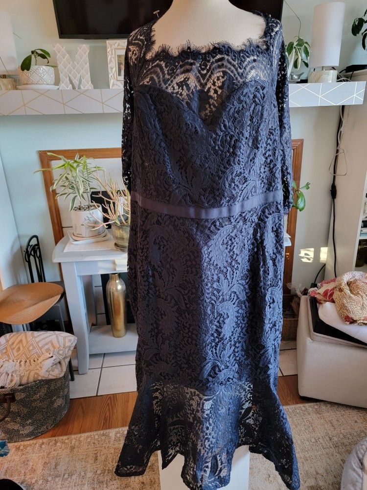 Navy Blue Lace Dress With Hi Low Hemline