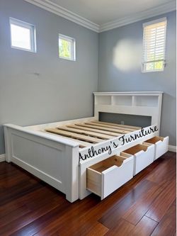 New white full bed frame with drawers