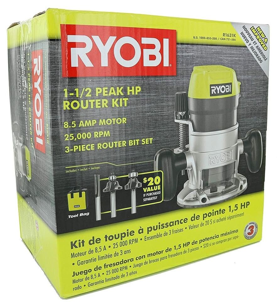 NEW RYOBI R1631K 8.5 AMP 1-1/2 PEAK HP FIXED BASE ROUTER KIT WITH 3 BITS AND BAG