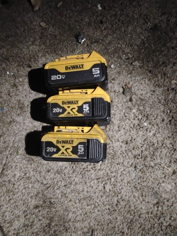 Three DeWalt 5 Amp 20 Volt Batteries