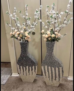 Large pair of mother of pearl inlay floor vases with artificial flowers details in photos pickup Gaithersburg md20877