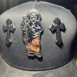 Black Baseball Cap with Religious Metal Emblems