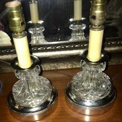 Set of Two Vintage Crystal Candlestick Table Lamps