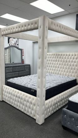 Soft Velvet upholstery Canopy Queen Bed/Bedroom Set w/USB ports at sides on Sale