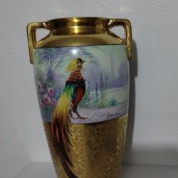 1900's E.  CHALLINOR HAND PAINTED PORCELAIN VASE - GOLDEN PHEASANT 11"×6"