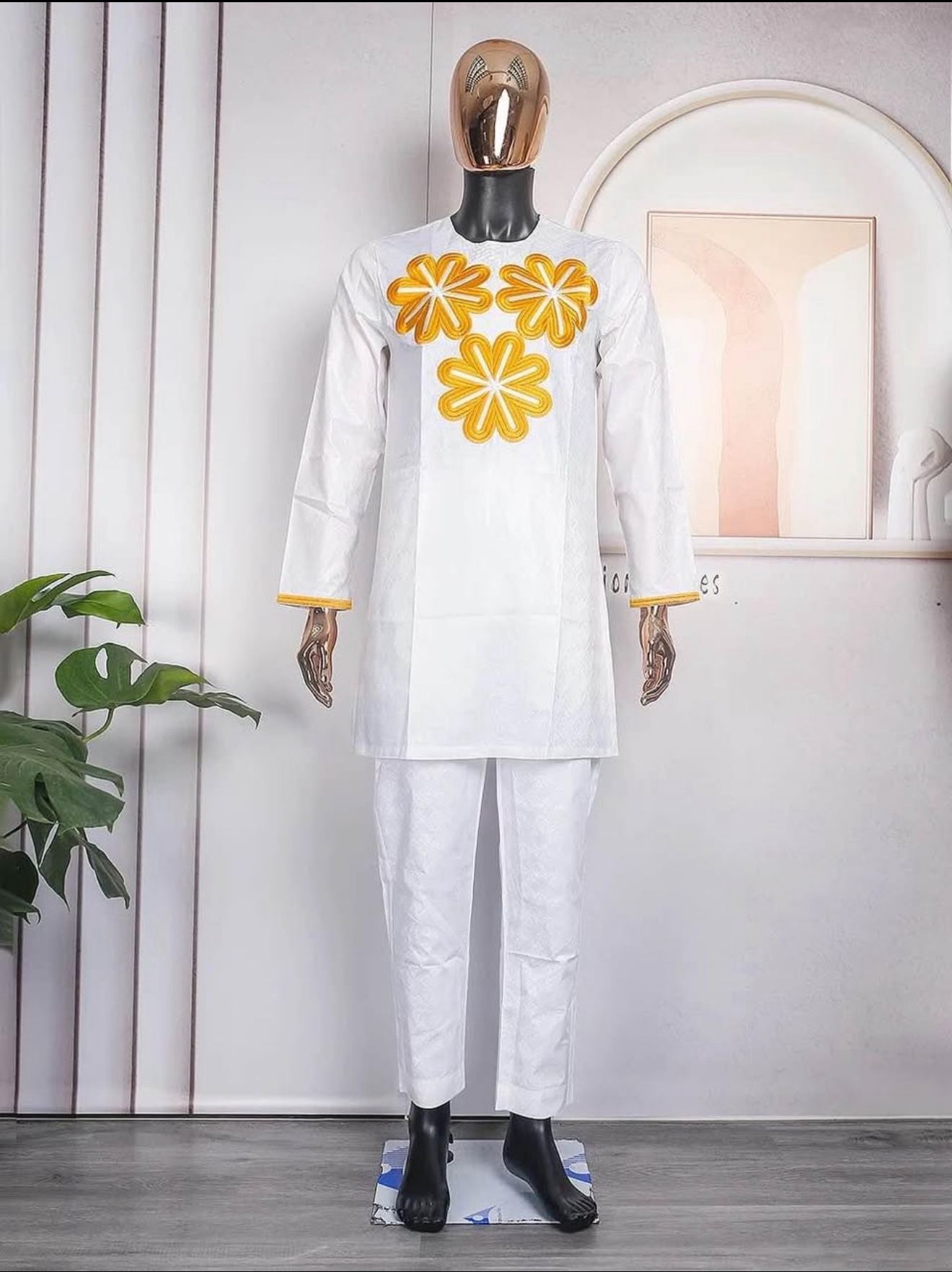 “Men’s White African Kaftan Set with Yellow Embroidered Design”