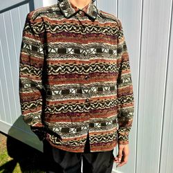 Tribal Geometric Button-Up Shirt - Brown & Black Pattern - Size M