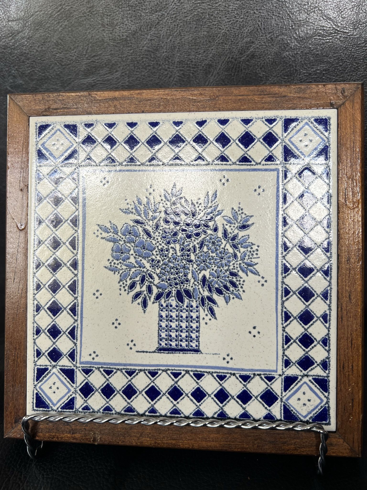 Vintage Tile Art Blue And White Made In Italy Cleo Teissedre Ceramic Tile Wall Art Trivet Hand Painted Framed Farmhouse Blue