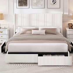 Queen Size Upholstered Storage Bed Frame with Wingback Headboard