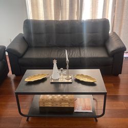 Two Leather Black Couches, Gray Bench And Black Coffee Table 