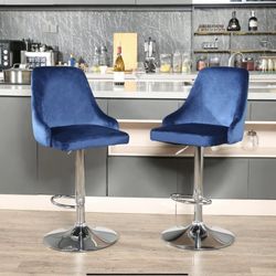 Swivel Bar Stools (Set of 2) – Adjustable, Velvet, Royal Blue, Chrome Base (Orig $240)