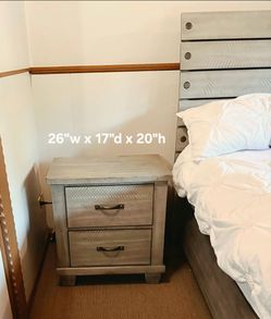 Pair of King Size Ashley Furniture Charging Nightstands in Rustic Grey $125 ea.
26"w x 17"d x 20"h