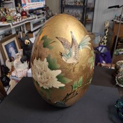 Vintage Late 20th Century Japanese Style Very Large Porcelain Decorstive Egg, Hand-painted Floral & Bird Motif, Makes A Great Centerpiece 14"H X 9"W