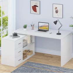 White L Shaped Desk with Drawers Shelves, 360 Rotating L Shape Computer Desk with Storage Cabinet, Corner Home Office Desk Computer Table，55 Inch
