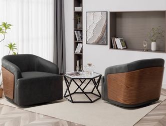 Black faux leather and wood swivel chairs